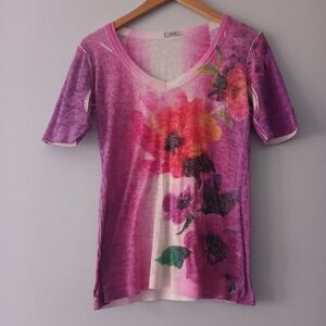 Cache Pink Floral V Neck Fitted Short Sleeve Y2K Feminine Top M